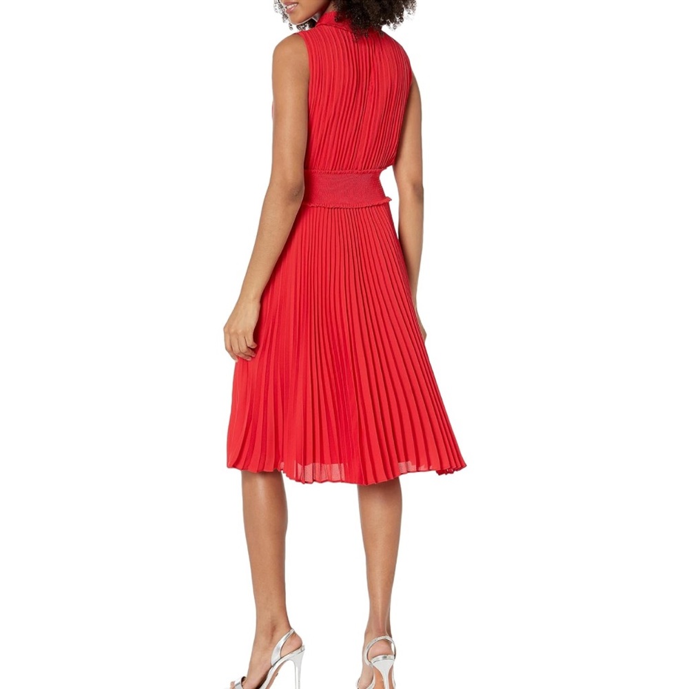 Nanette Lepore Red Smocked Pleated Dress Size 12 Mock Neck Evening Wedding - Picture 2 of 16